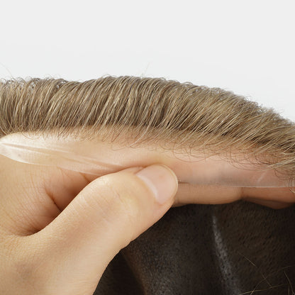 HS1R  Thin Skin Men's Toupee Hair Systems 0.08 mm Remy Hair Transparent Poly Skin
